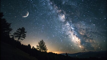 Darkened sky with a thousand twinkling stars and a distant crescent moon surrounded by a halo of soft light, space, lunar halo, universe, celestial bodies, starfield