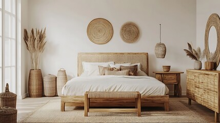 Elegant and Cozy Modern Bedroom Interior Design with Stylish Decor, mockup, poster and Background