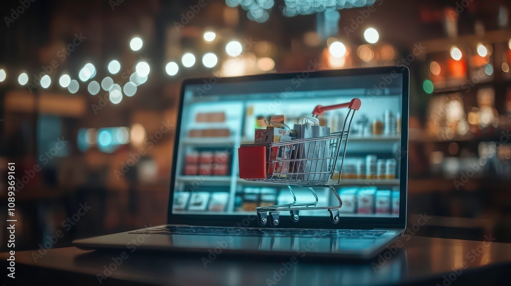 Poster a laptop with a shopping cart icon on the screen, representing online shopping. the background is a 