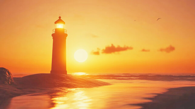 Silhouette of a lighthouse against a warm sunset on a sandy ocean shore