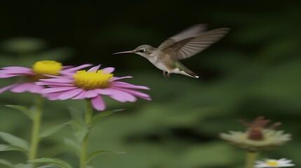 Hummingbird in Flight Near Pink Flowers