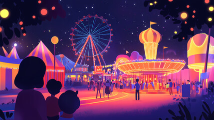 A vibrant illustration of a carnival scene, complete with rides, games, colorful lights, and happy families enjoying the festivities. illustration, minimalism,. Vibrant Carnival Lights. Illustration