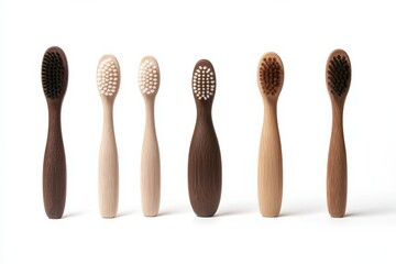 a collection of eco-friendly wooden toothbrushes in various shades