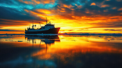 Obraz premium Silhouette of expedition ship at dusk near Arctic glaciers under vibrant skies