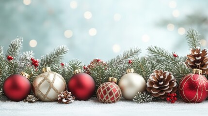 Elegant Christmas Ornaments and Pine Cones on a Festive Table Setting