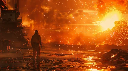 Fototapete Rund Steelworker Silhouetted Against Fiery Steelworks Explosion © sumaji