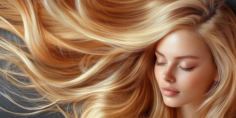 Woman with long flowing blonde hair posing gracefully with closed eyes