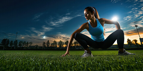 Young Hispanic woman in running gear, stretching on grassy field, setting personal best time