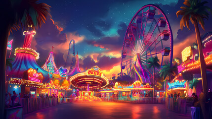A vibrant carnival backdrop with colorful lights, rides, and festive decorations, creating an exciting and joyful scene. Vibrant Carnival Lights. Illustration