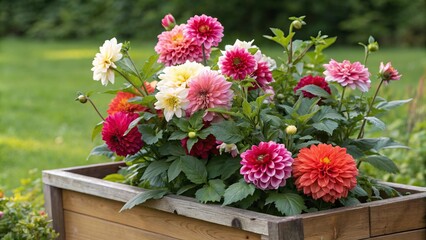 Naklejka premium D Dahlia flowers arranged on a wooden planter against a natural green background highlighting their beauty, foliage, botanical, decorative