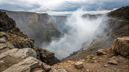 Deep chasm with mist-shrouded depths and rugged rocky edges, mysterious, rocky, dark