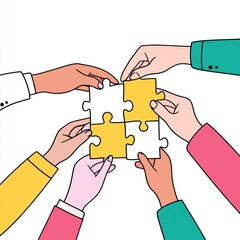 Hands of diverse professionals fitting puzzle pieces together teamwork and collaboration symbolized in a modern workplace environment