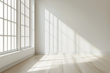 Bright sunlight casts shadows in a minimalist white room with large windows