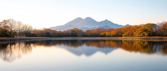 serene lake reflecting autumn foliage and mountains