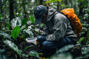 A scientist taking soil samples in dense forest, wearing field gear.