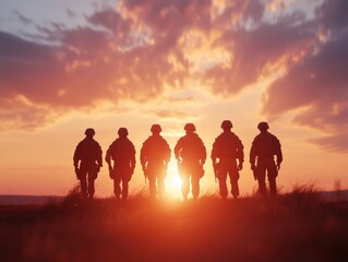 silhouetted soldiers standing at sunset