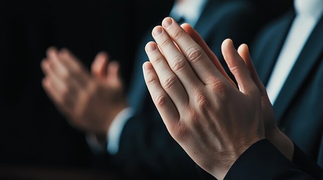 Professionals in a formal setting clapping energetically focus on applause symbolizing achievement and support in a group event