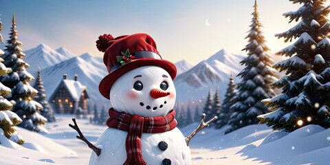 Obraz premium A Delightful Winter Scene: Adorable Snowman in a Festive Red Hat Amidst Snowy Mountains and Christmas Trees