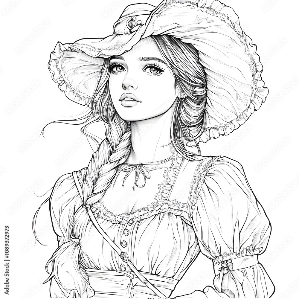 Wall mural Easy coloring page of a beautiful woman dressed in beautiful outfit from the red mill