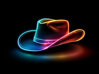 Neon Cowboy Hat: Vibrant, colorful cowboy hat glowing with neon lights against a dark background. Perfect for country music, western themes, or fashion designs.