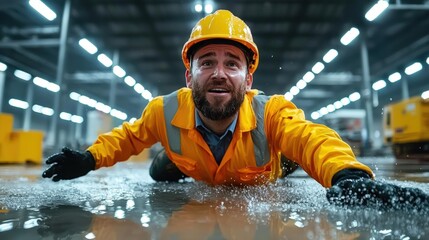 Construction worker slips on wet floor industrial site safety incident indoor close-up humor