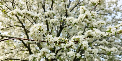 Naklejka premium Delicate white blooms adorn a slender branch of an apple tree against a sprawling tree crown in full bloom, botanical garden, apple tree, outdoor landscape