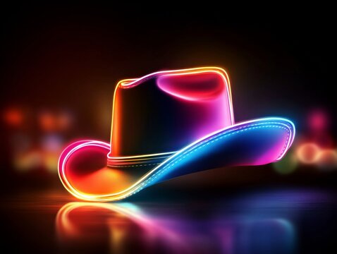 Neon Cowboy Hat: A vibrant, colorful cowboy hat glows with neon lights against a dark, blurred background.  The hat's reflective surface and bright colors create a dynamic and eye-catching image.