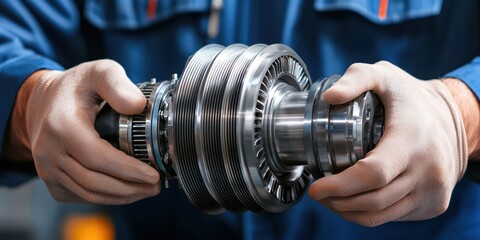 High-Performance Turbo Installation Concept. A technician assembles complex machinery components, showcasing precision engineering and skilled craftsmanship in a manufacturing environment