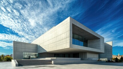 Obraz premium Angular concrete building with minimalist design against a bright blue sky, perfect for modern and architectural visuals.