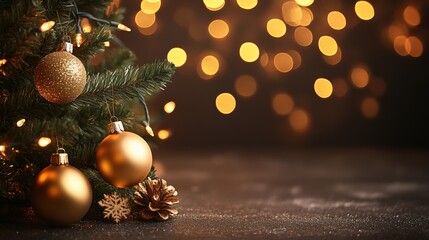 Elegant Christmas Tree Decoration with Golden Ornaments and Bokeh Lights