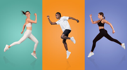Three athletes, a woman in white, a man in white, and a woman in black, exhibit energetic running poses against bright, colorful backgrounds, embodying vitality and fitness.