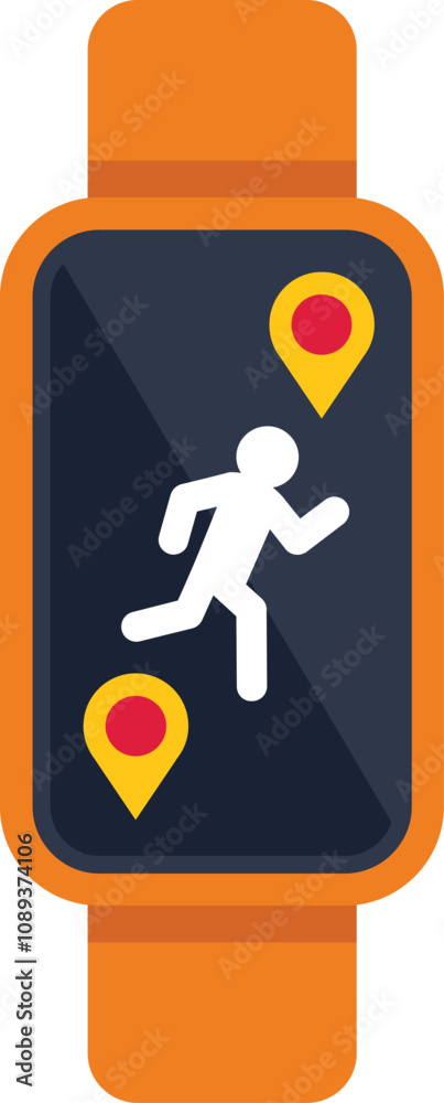 Poster orange smartwatch displaying a running app, showing a runner icon and location markers on a dark scr