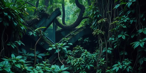 Dense jungle undergrowth with vines and creepers, botanicaGreenery wLarge leaf shapes in a lush green environment, jungle undergrowth