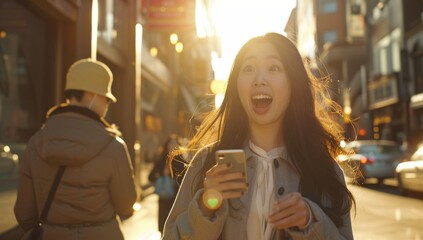 Asian woman in her dressed smartly and holding an iPhone smartphone, mobile phone, outside a modern city street or shop front at sunset. Texting messaging
