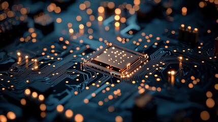 Obraz premium A close up shot of a complex circuit board with glowing pathways, data packets flowing rapidly, showcasing the intricate workings of advanced technology.