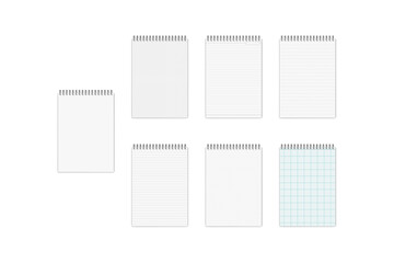 Top spiral blank A4 notebook. White empty cover and differently lined page. Realistic 3d vector mockup set. Wire bound A4 notepad. Mock-up kit. Easy editable. Template for design