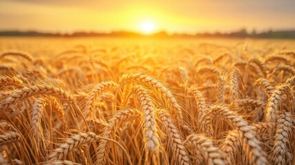 A golden wheat field stretching to the horizon under the soft glow of a setting sun. The breeze gently moves the stalks, creating waves of shimmering gold. The warmth of the light enhances the 