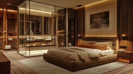 Obraz premium Elegant and Cozy Modern Bedroom Interior Design with Stylish Decor, mockup, poster and Background
