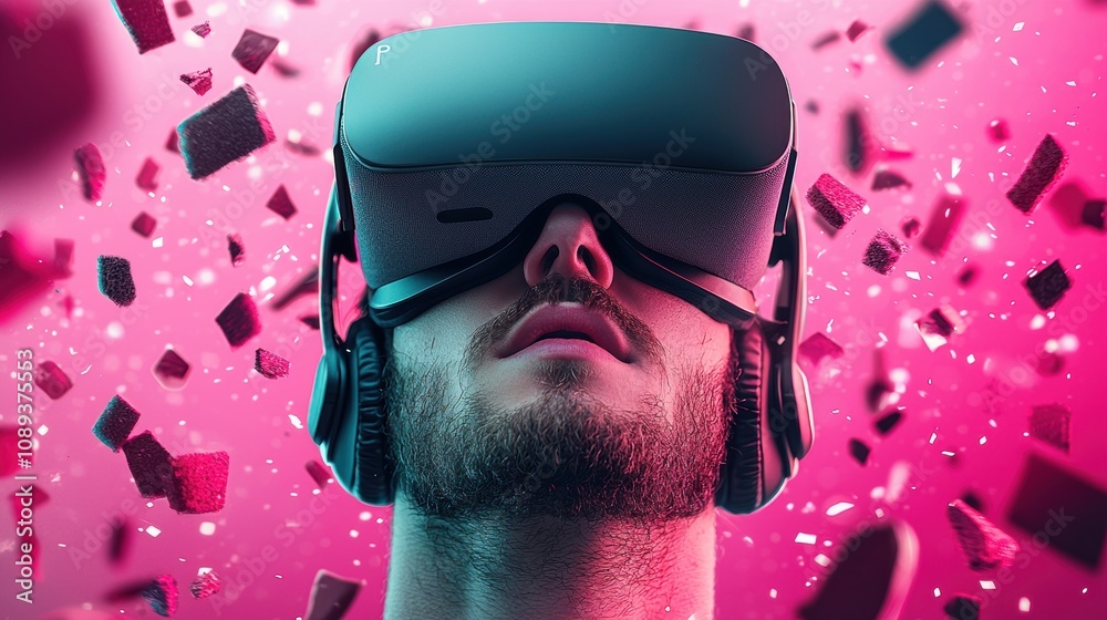 Poster a person wearing a vr headset completely immersed in a virtual environment, interacting with digital