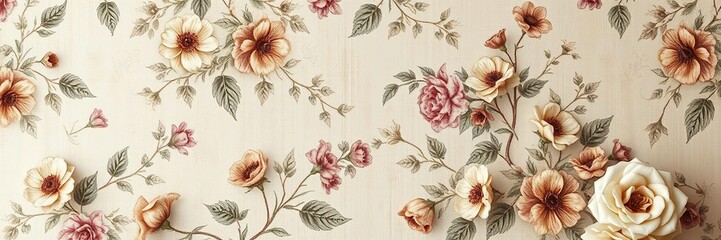 Fototapeta premium Distressed floral wallpaper with faded flowers and foliage, worn, bohemian, grunge