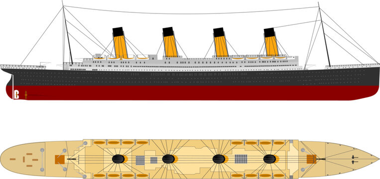 Ocean Liner c.1912. Side and top profile. Detailed isolated vector illustration of an ocean liner. 