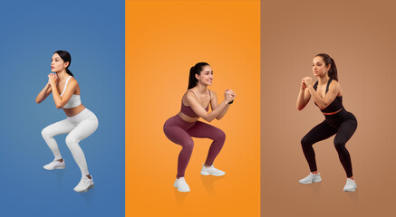 Three women perform squat exercises in a fitness studio, each wearing colorful athletic wear against bold backgrounds. They focus on form and balance during their workout session.