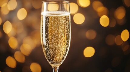 Sparkling Champagne Glass Against Golden Bokeh Background