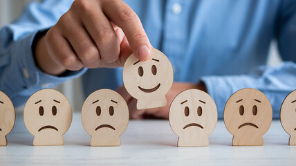 A thoughtful image showing a person selecting a smiling wooden face from a lineup of sad expressions, symbolizing positivity, emotional choice, and mental well-being