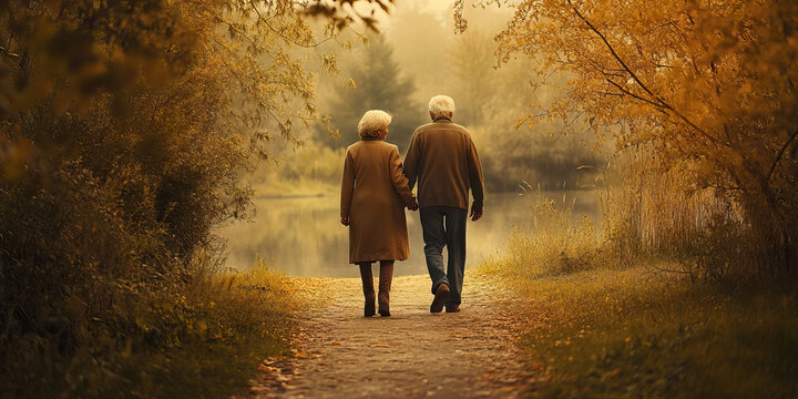 Caucasian elderly couple walking arm-in-arm on nature path, enjoying scenic view - Powered by Adobe