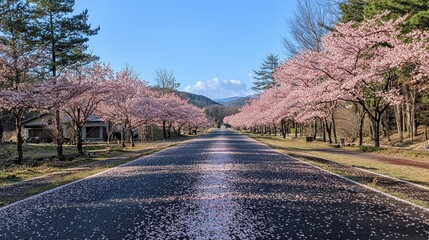 A peaceful countryside road lined with blossoming cherry trees under a clear blue sky. The pink petals gently fall to the ground, carpeting the path in soft hues. The scene feels romantic and 