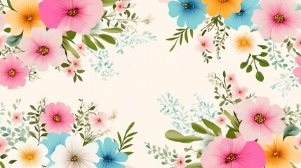 Fototapeta premium Minimal Hand Drawn Vibrant Tropical Floral Motifs Scattered on Cream Background for Modern Summer Design