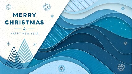 Trendy blue-themed Christmas and New Year design featuring layered waves and "Merry Christmas & Happy New Year" text with copy space