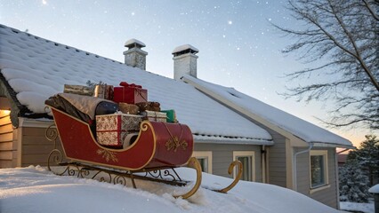 Santa&rsquo;s sleigh with gifts on a rooftop covered in snow