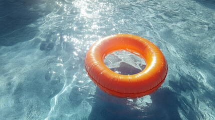 Obraz premium A bright orange inflatable ring in a blue pool, surrounded by clear water and sunlit reflections, symbolizing relaxation.